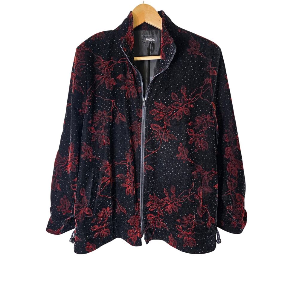 SELENE Red Black Floral Velvety Steampunk Retro Full Zip Jacket SZ M